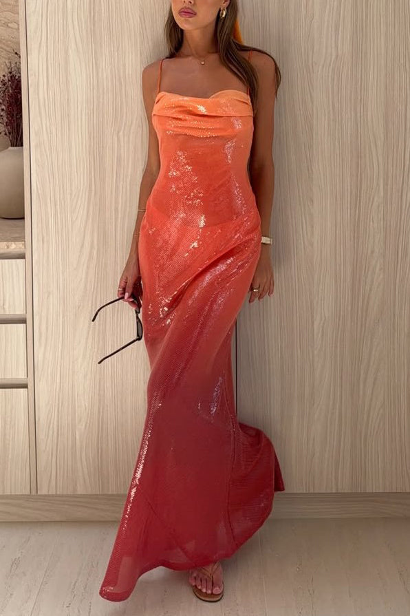 Gradient Sequin Strap Maxi Dress Orange Red
