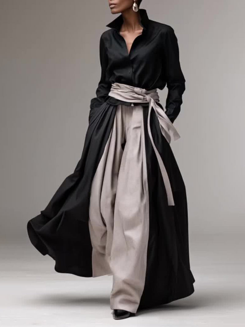 Elegant Contrast-Waist Shirt & Wide-Leg Pants Two-Piece Set Black