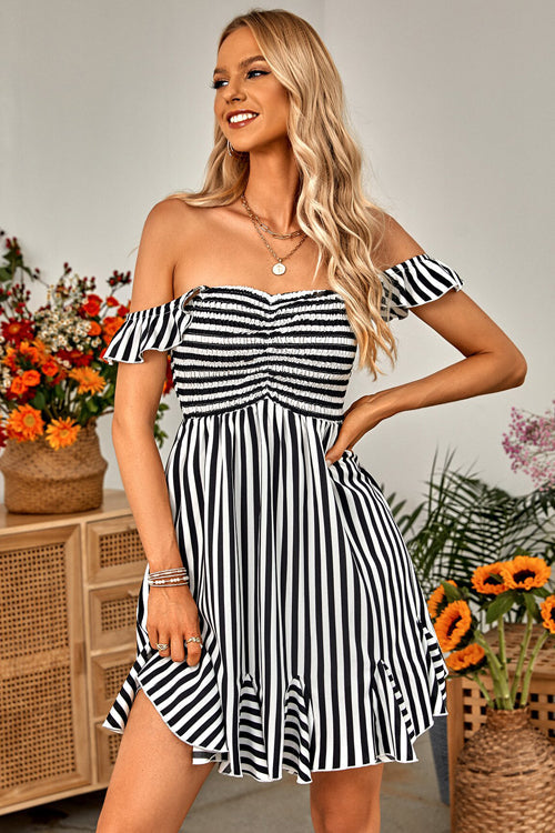 Loveliest Look Striped Off Shoulder Mini Dress - 3 Colors Black