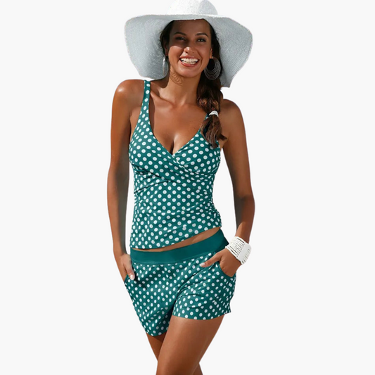 Tankini Set with Shorts for Women – Polka Dot Print Green