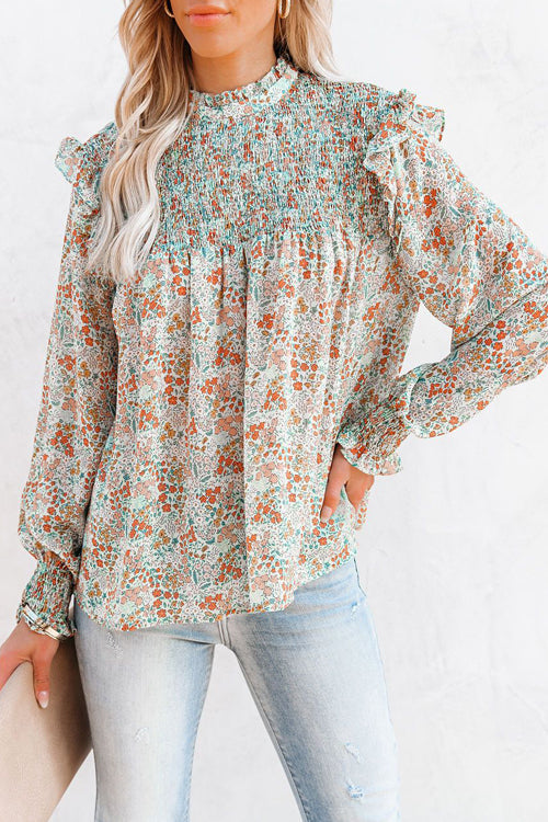 Evermore Floral Print Smocked Ruffle Top - 2 Colors Mint Green