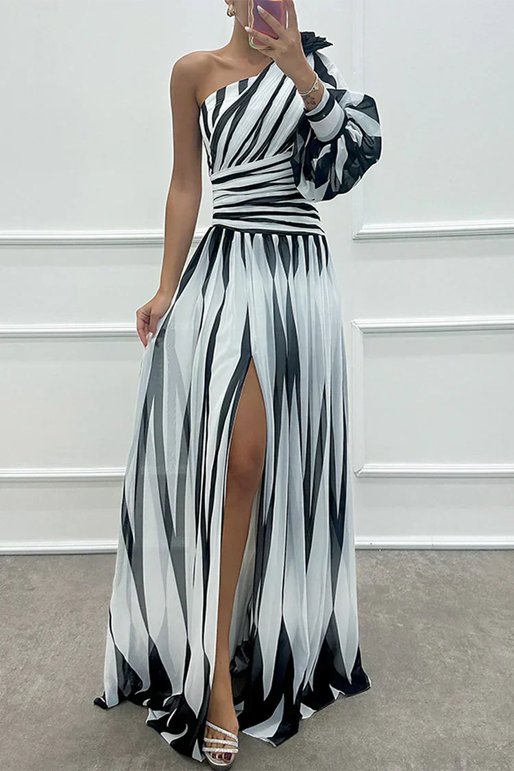 Indigo | Elegant Striped One Shoulder Maxi Dress