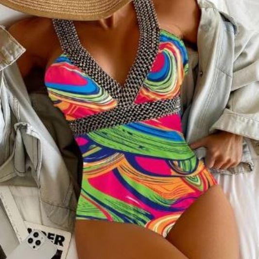 Printed Strappy Swimsuit - Women's Sexy One-Piece Beachwear