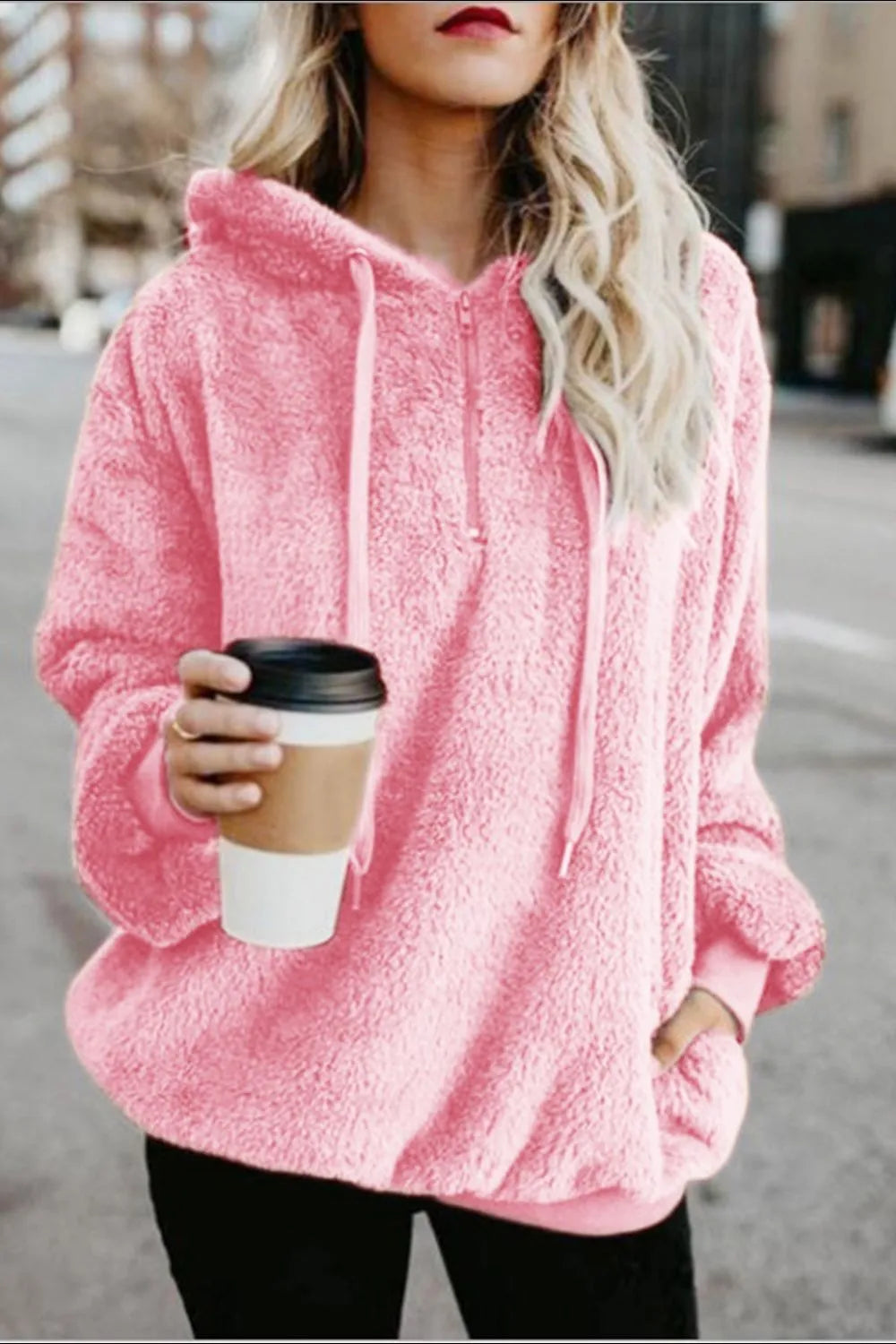 Cozy Quarter-Zip Teddy Hoodie – Full Size, Plush & Playful with Drawstring Style