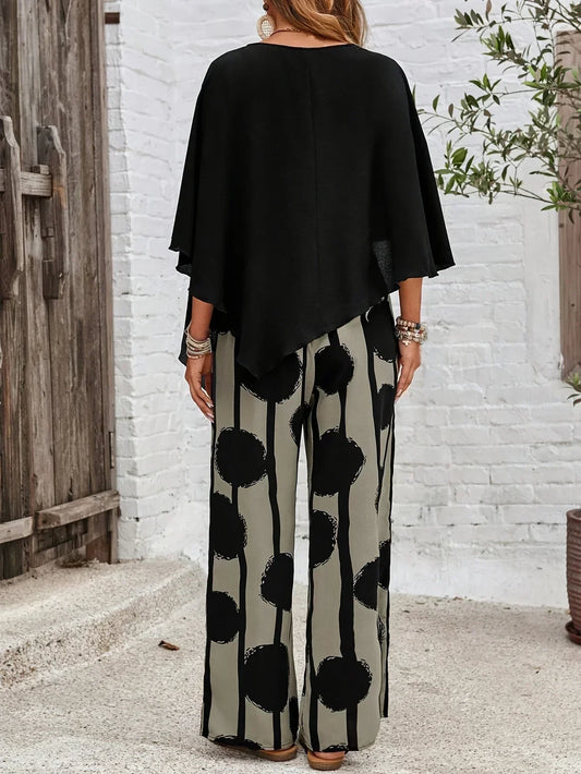 Milavie | Women’s Asymmetric Top and Printed Pant Set