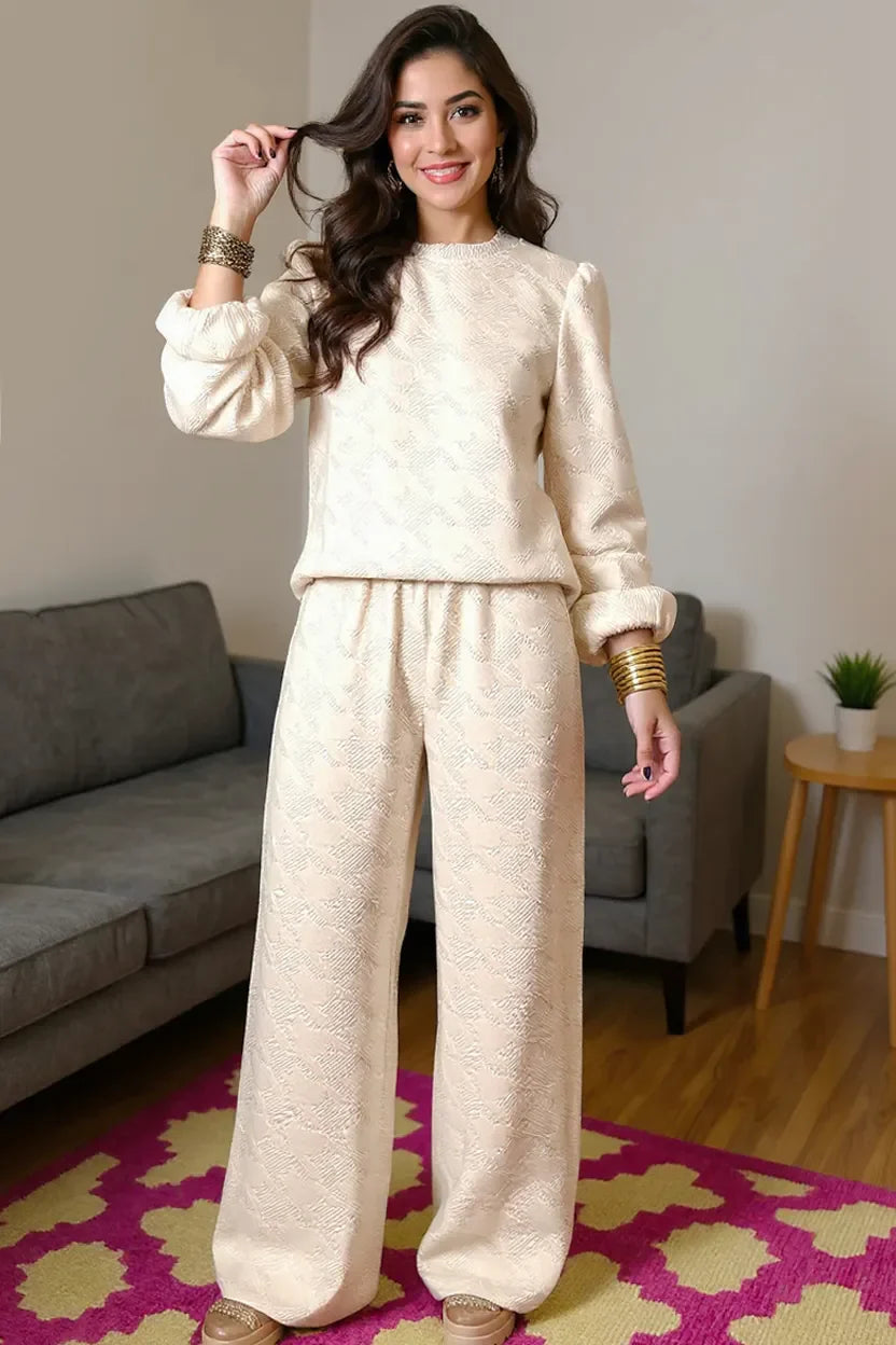 Chic Textured Long Sleeve Top & Wide Leg Pants Set – Double Take Women’s Loungewear