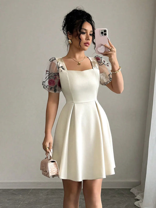 Ivory Square Neck Floral Sheer Sleeve Dress – Elegant Romantic Mini Dress for Women