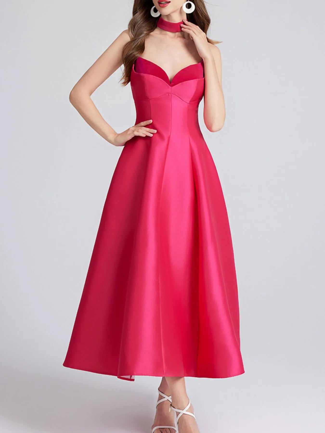 Sweetheart Spaghetti Strap Midi Dress with Collar – Elegant Summer Dress