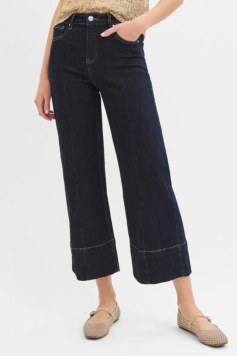 Tummy Control High Rise Crop Jeans with Wide Seam Detail