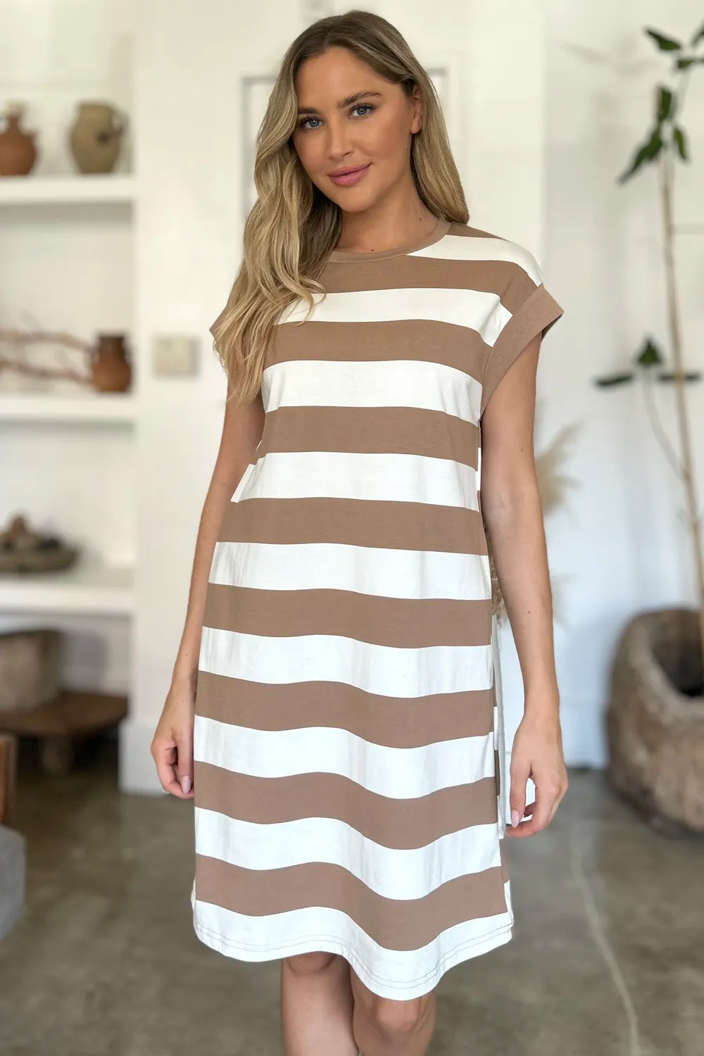 Striped Sleeve Mini Dress = Round Neck