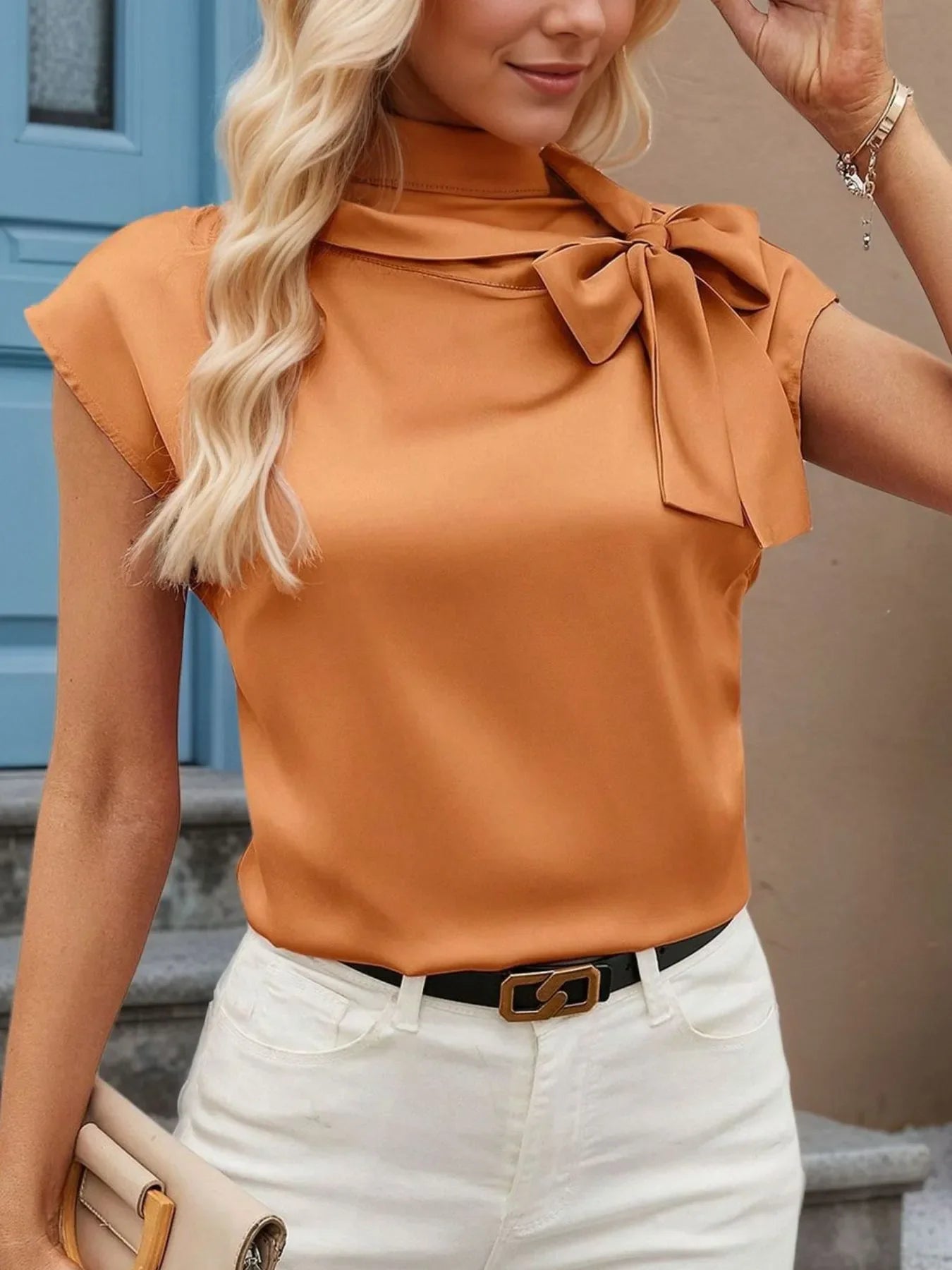 Feminine Bow Tie Blouse – Cap Sleeve, Stylish Look