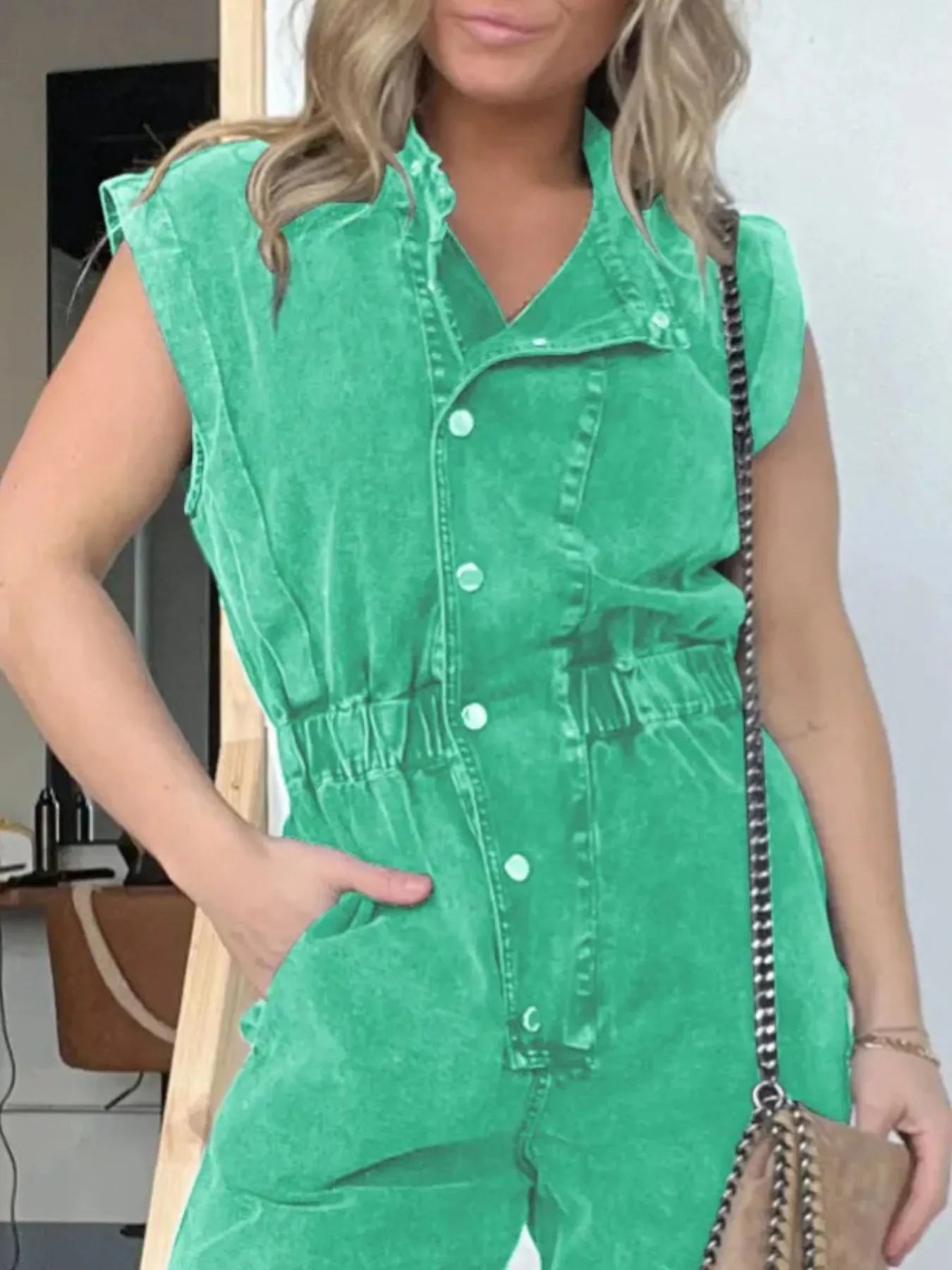 Full Size Button Front Cap Sleeve Denim Jumpsuit Plus Size
