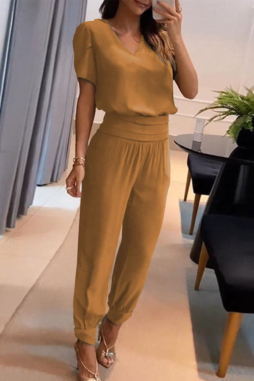 Casual V-Neck Printed Short Sleeve Long Pants Two-Piece Set Coffee