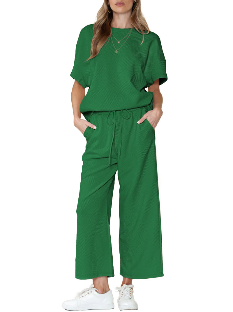 ⏰Hot Sale-Women's Textured Loose Fit T Shirt and Drawstring Pants Casual Set (Buy 2 Free Shipping)