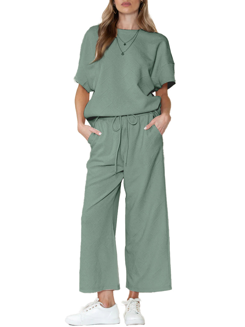 ⏰Hot Sale-Women's Textured Loose Fit T Shirt and Drawstring Pants Casual Set (Buy 2 Free Shipping)