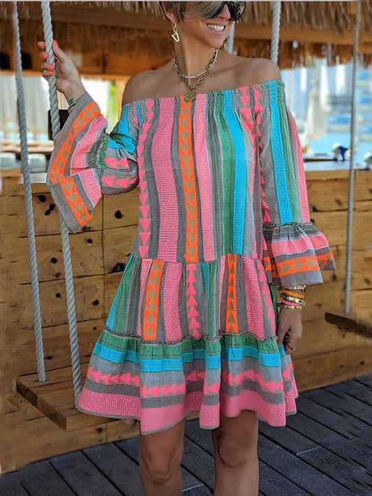 Ethnic Print Linen Blend Off Shoulder Loose Mini Dress Blue