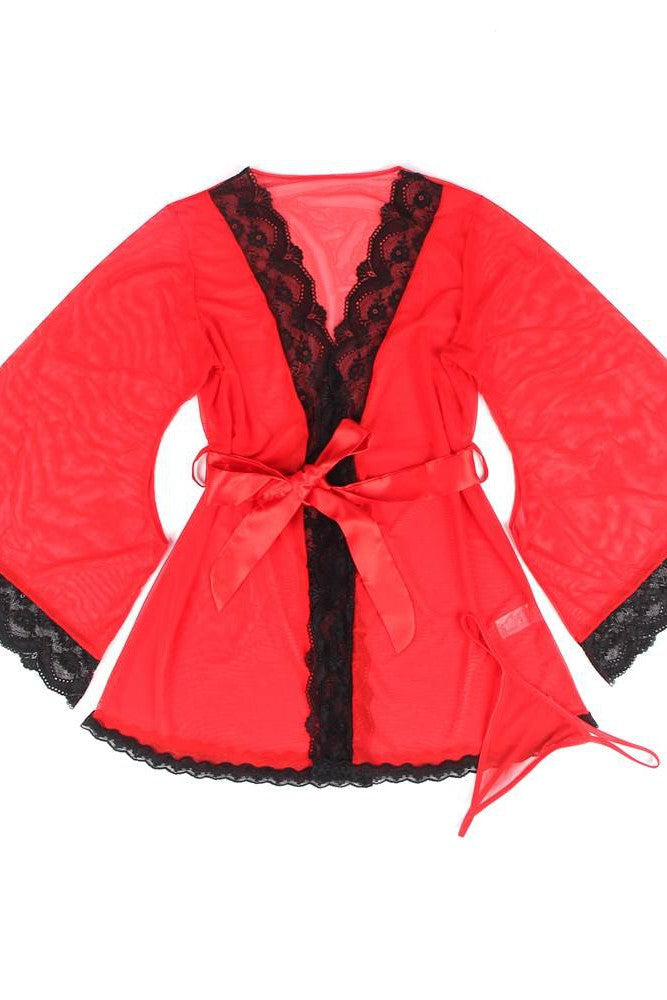 Sexy Long Bell Sleeve mesh Robe Sleepwear With Belt