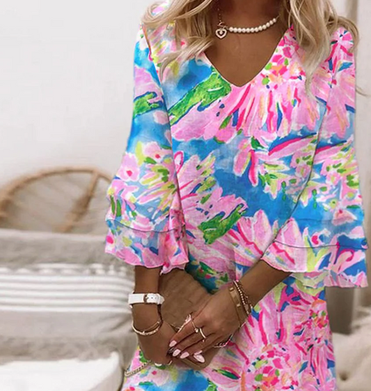 Sylvie - Women's Pink Mini Dress with Bell Sleeves