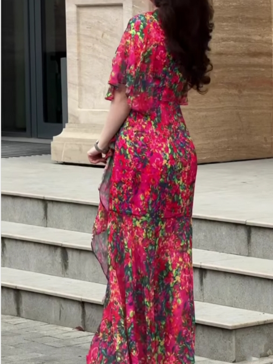 V-neck chiffon print dress with large sleeves