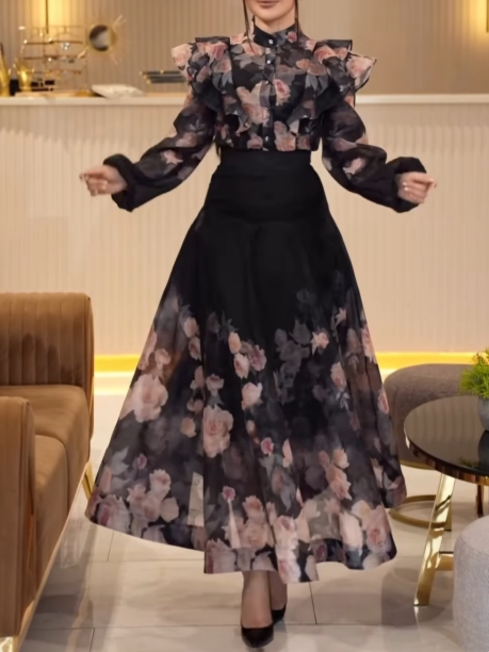 Ruffled printed shirt and skirt ladylike two-piece suit