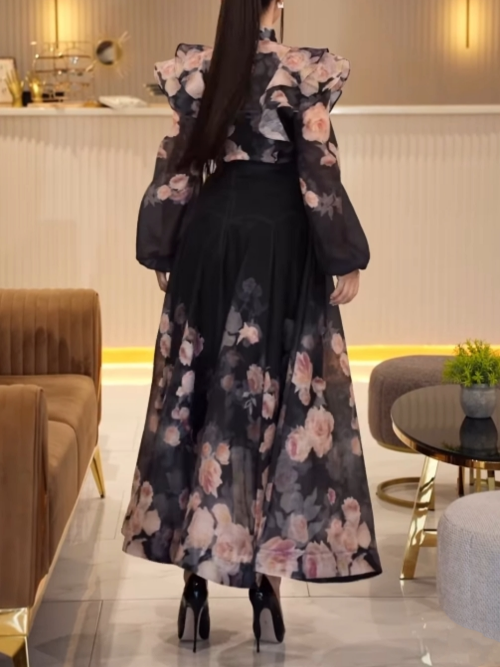 Ruffled printed shirt and skirt ladylike two-piece suit