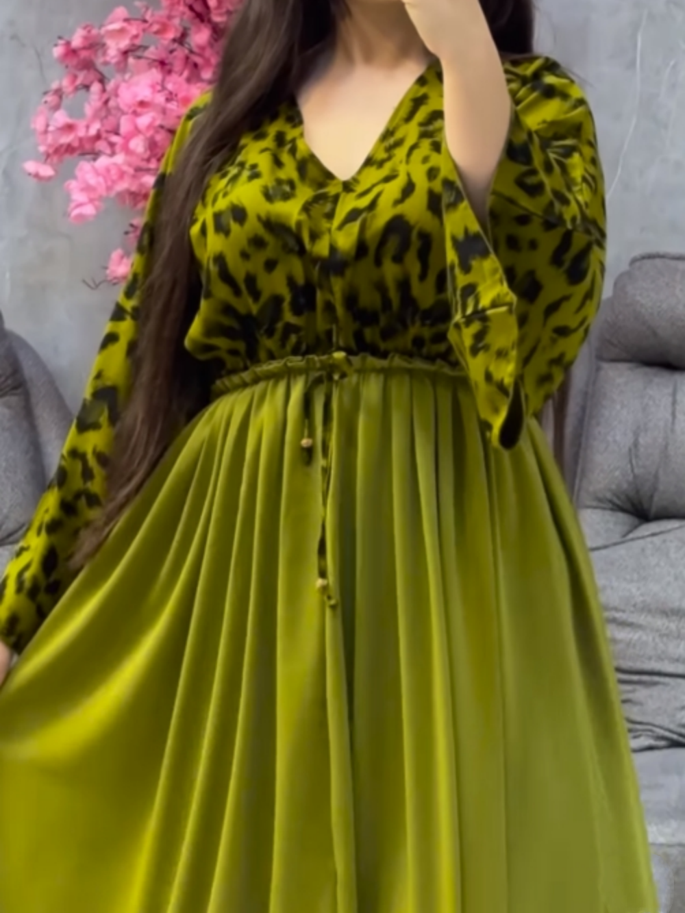 V-neck printed paneled slit dress