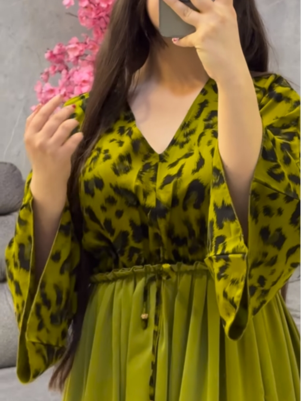 V-neck printed paneled slit dress