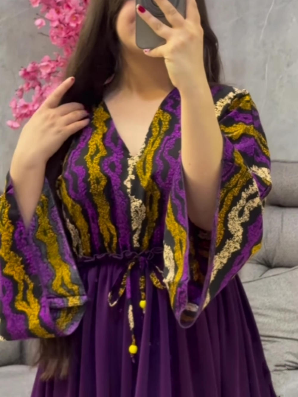 V-neck printed paneled slit dress