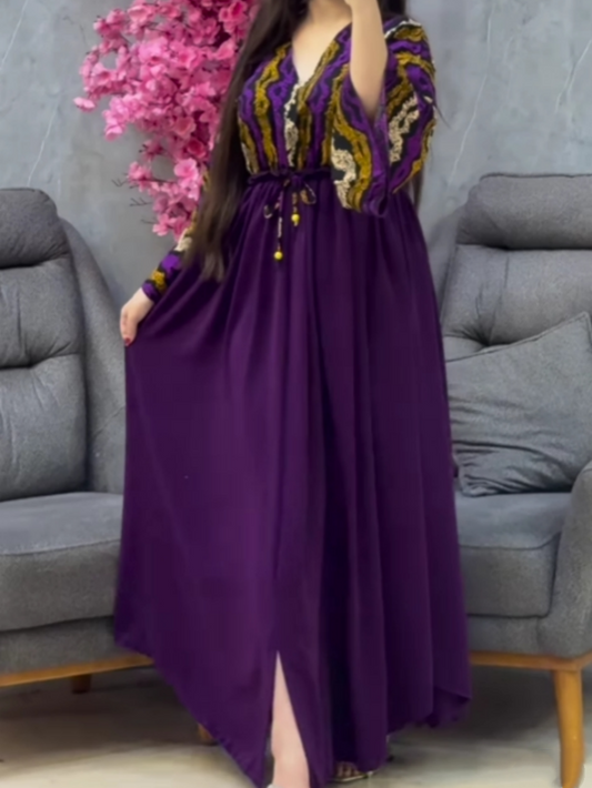 V-neck printed paneled slit dress