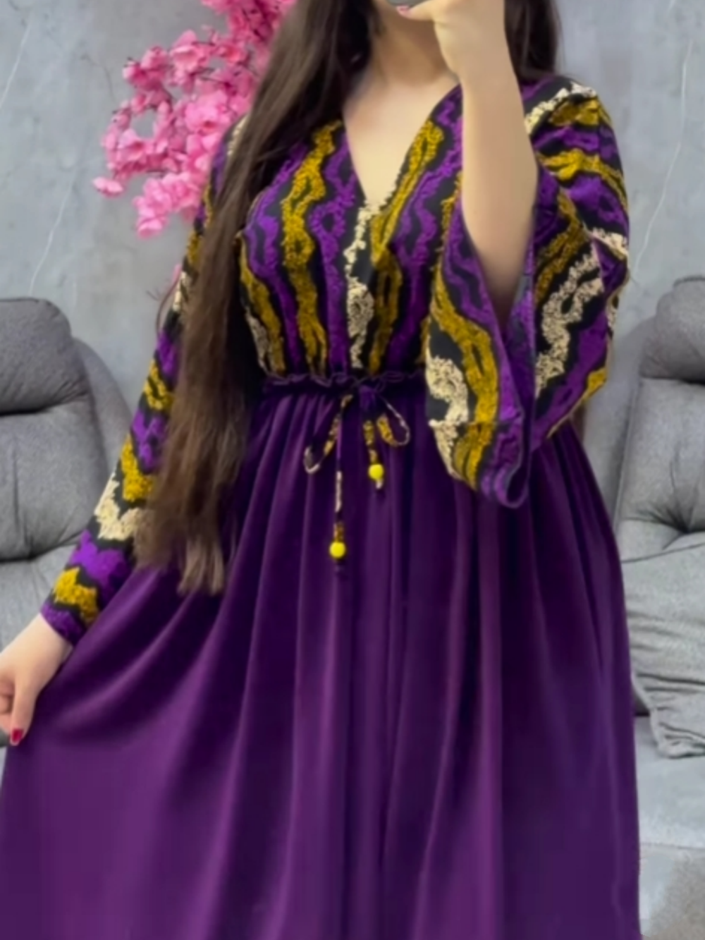 V-neck printed paneled slit dress