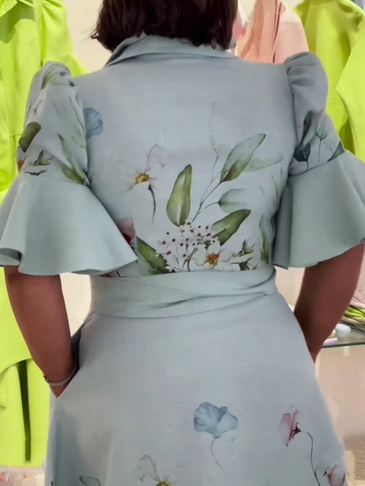 Puff Sleeve Ruffle Printed Lace-Up Dress