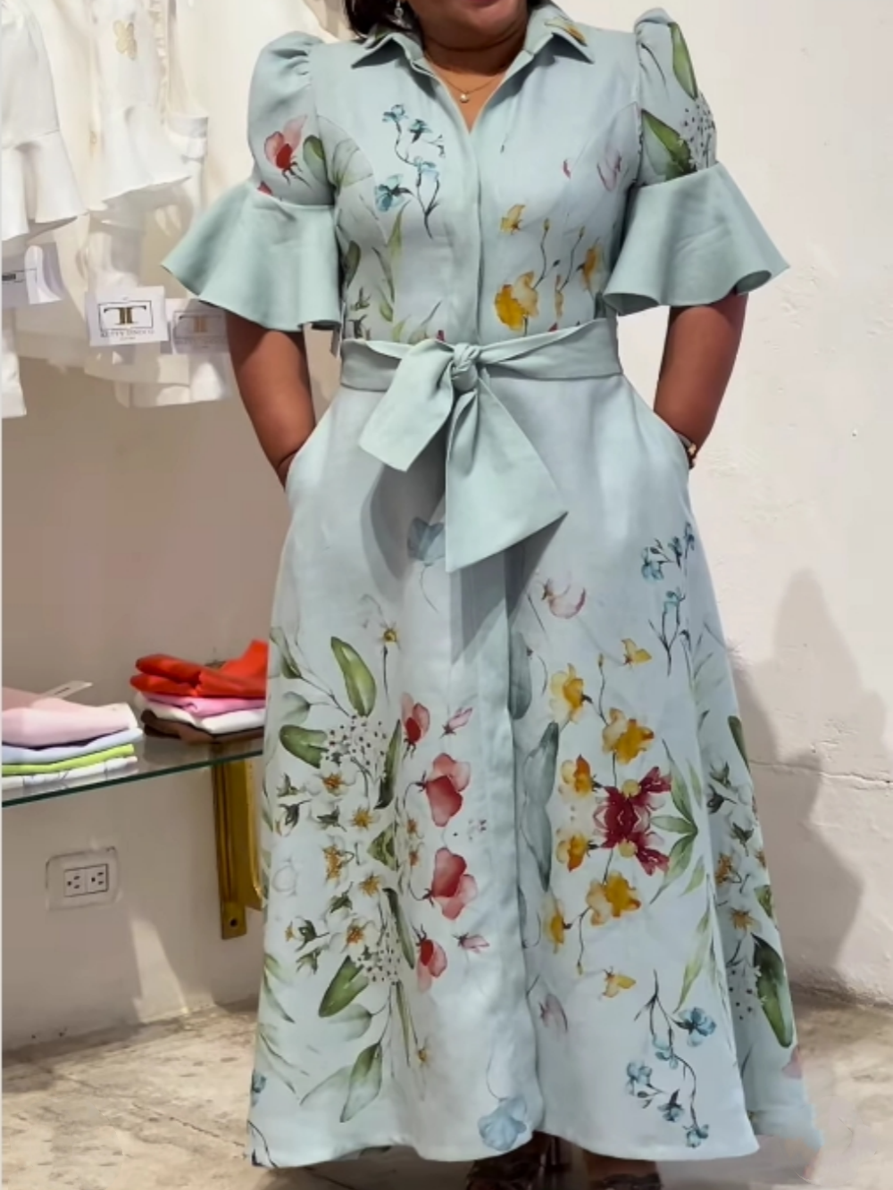 Puff Sleeve Ruffle Printed Lace-Up Dress