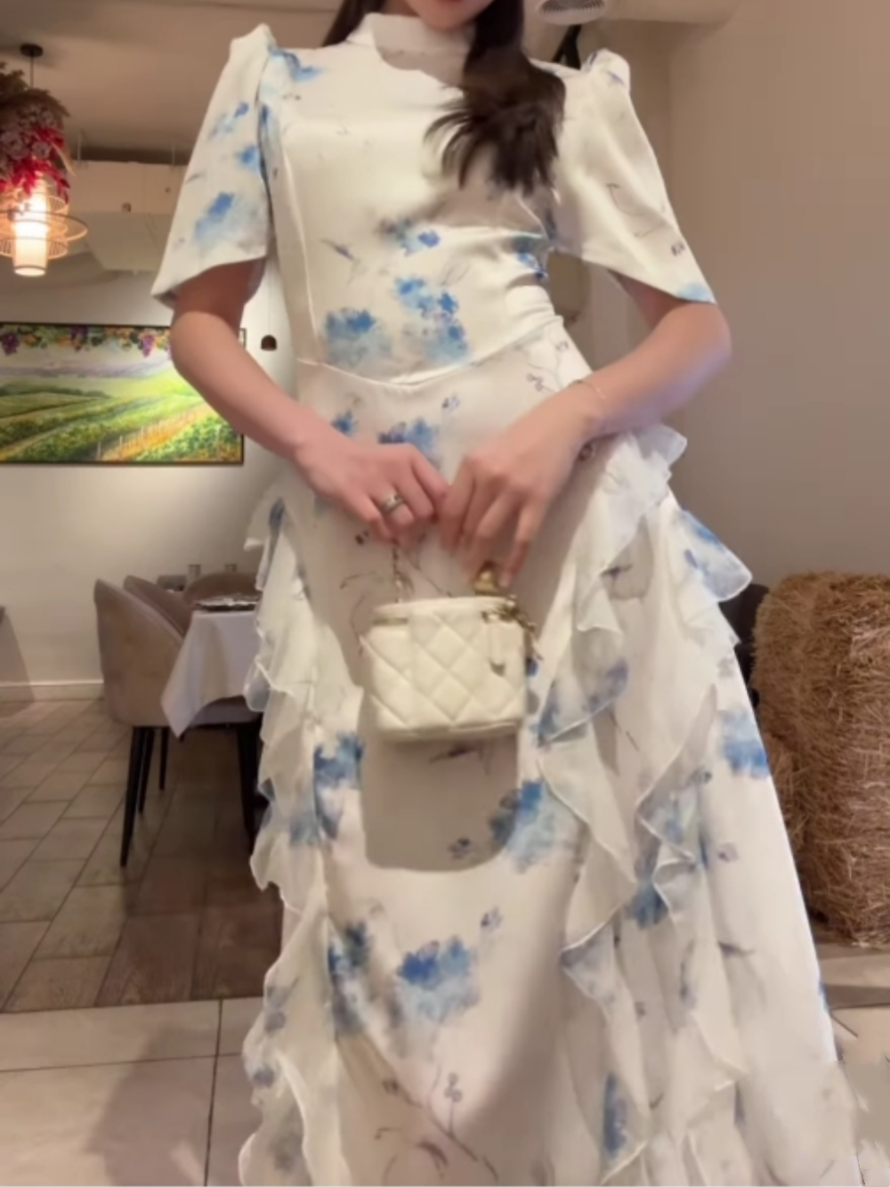 Palace style ruffled print dress