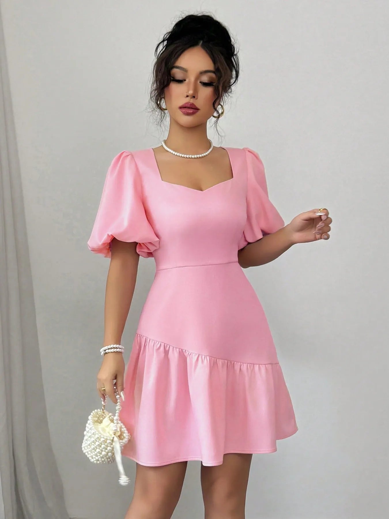 Pink Ruffled Hem Puff Sleeve Mini Dress – Feminine Short Sleeve Summer Dress for Women