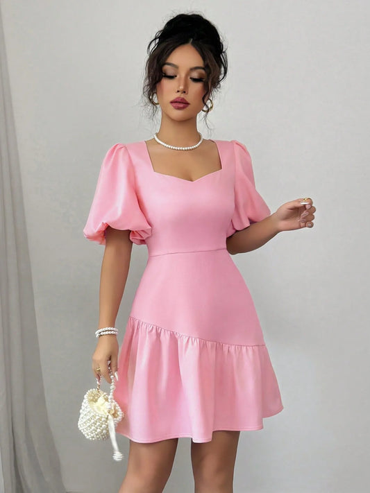 Pink Ruffled Hem Puff Sleeve Mini Dress – Feminine Short Sleeve Summer Dress for Women