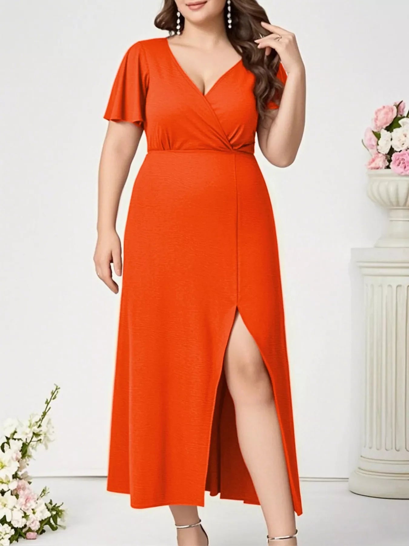 Orange Plus Size Surplice Flutter Sleeve Dress: