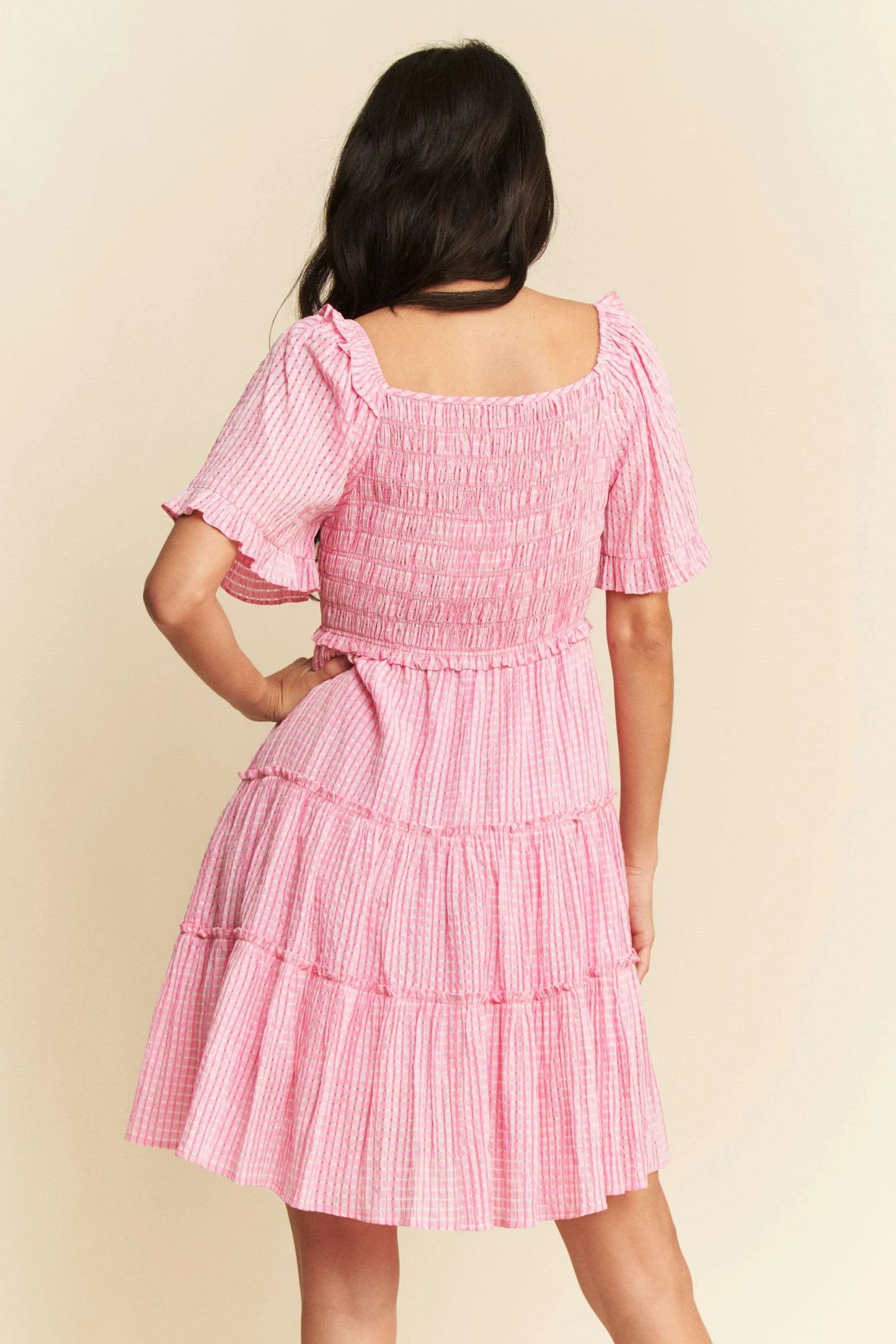 Pink Smocked Checker Tiered Dress