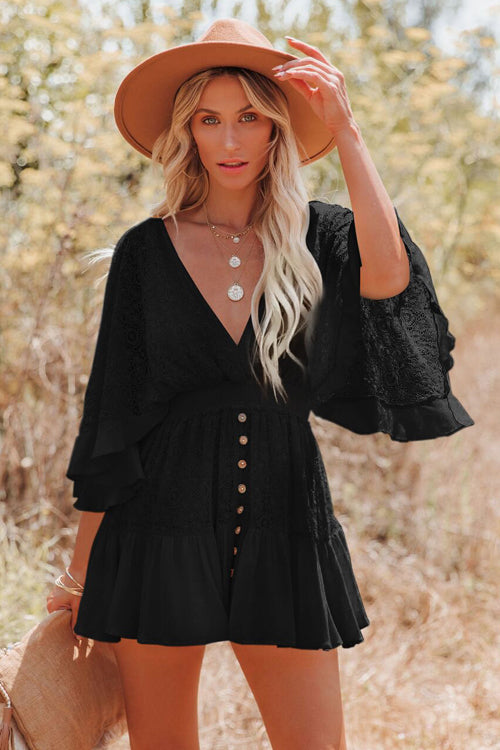 Dreamy Date Lace V-Neck Mini Dress Black