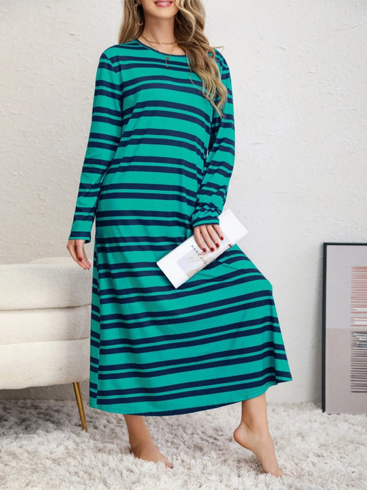 Plus Size Striped Round Neck Long Sleeve Tee Dress
