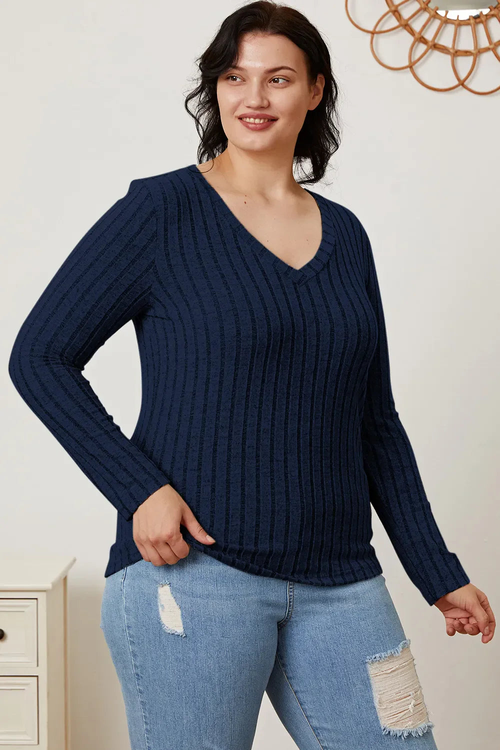 Comfy Ribbed V-Neck Long Sleeve Tee