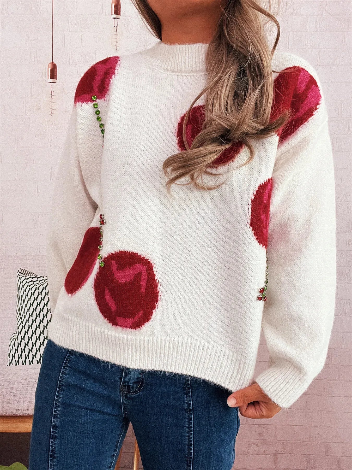 Women’s Contrast Cherry Round Neck Sweater – Cute Knit Pullover for Fall & Winter