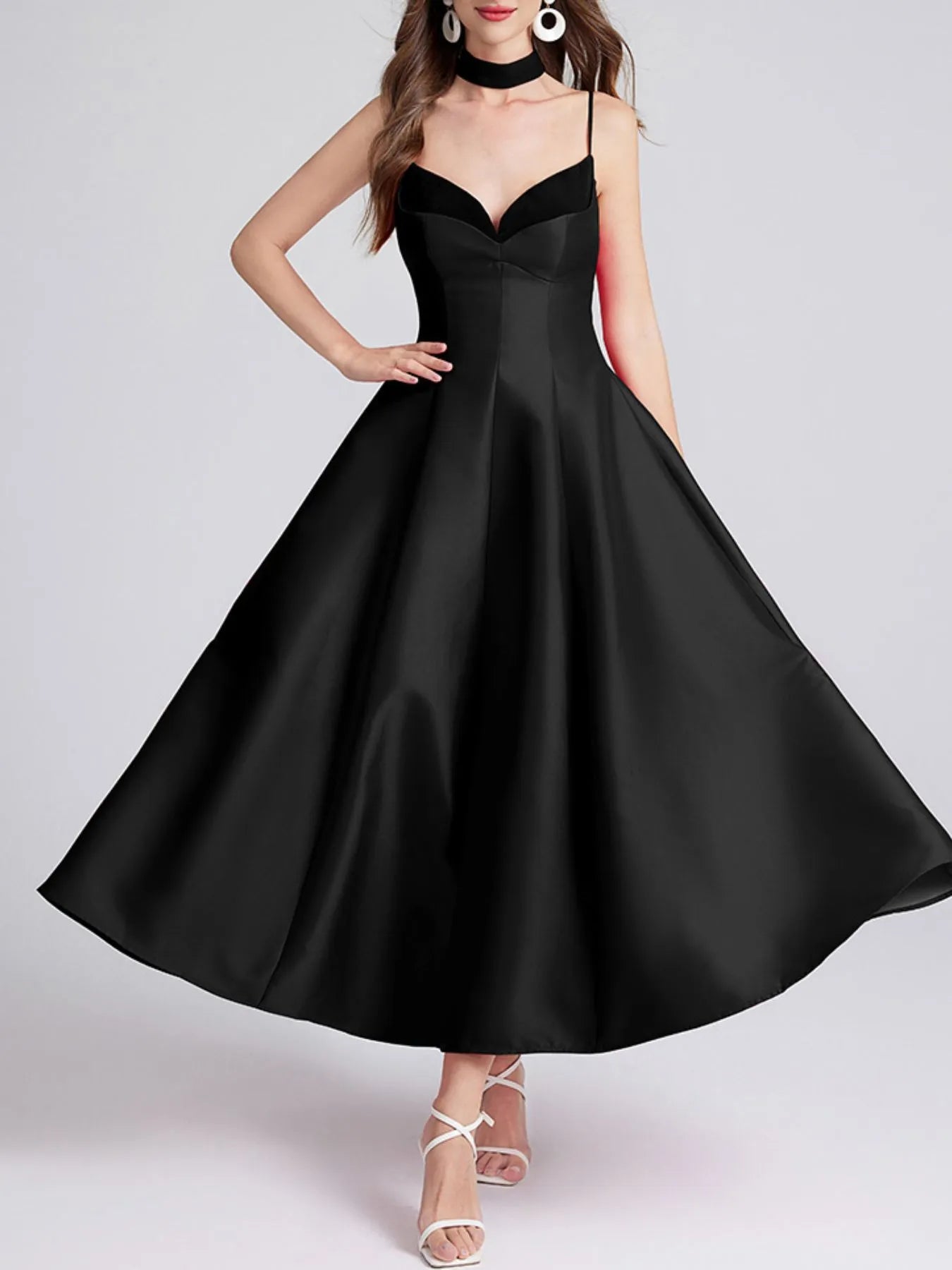 Sweetheart Spaghetti Strap Midi Dress with Collar – Elegant Summer Dress