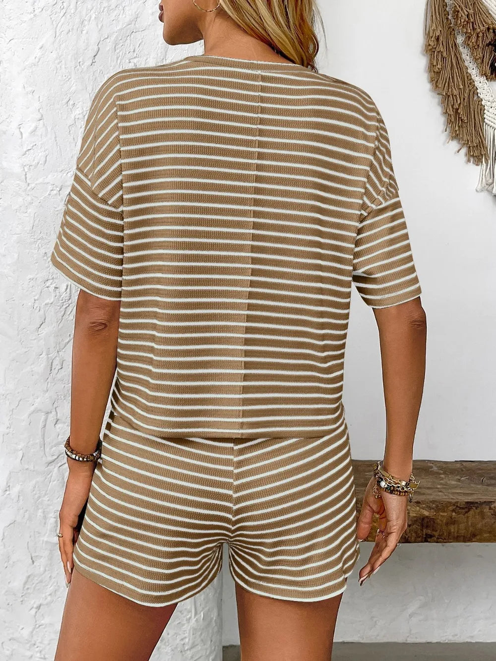 Striped Shorts Set - Round Neck