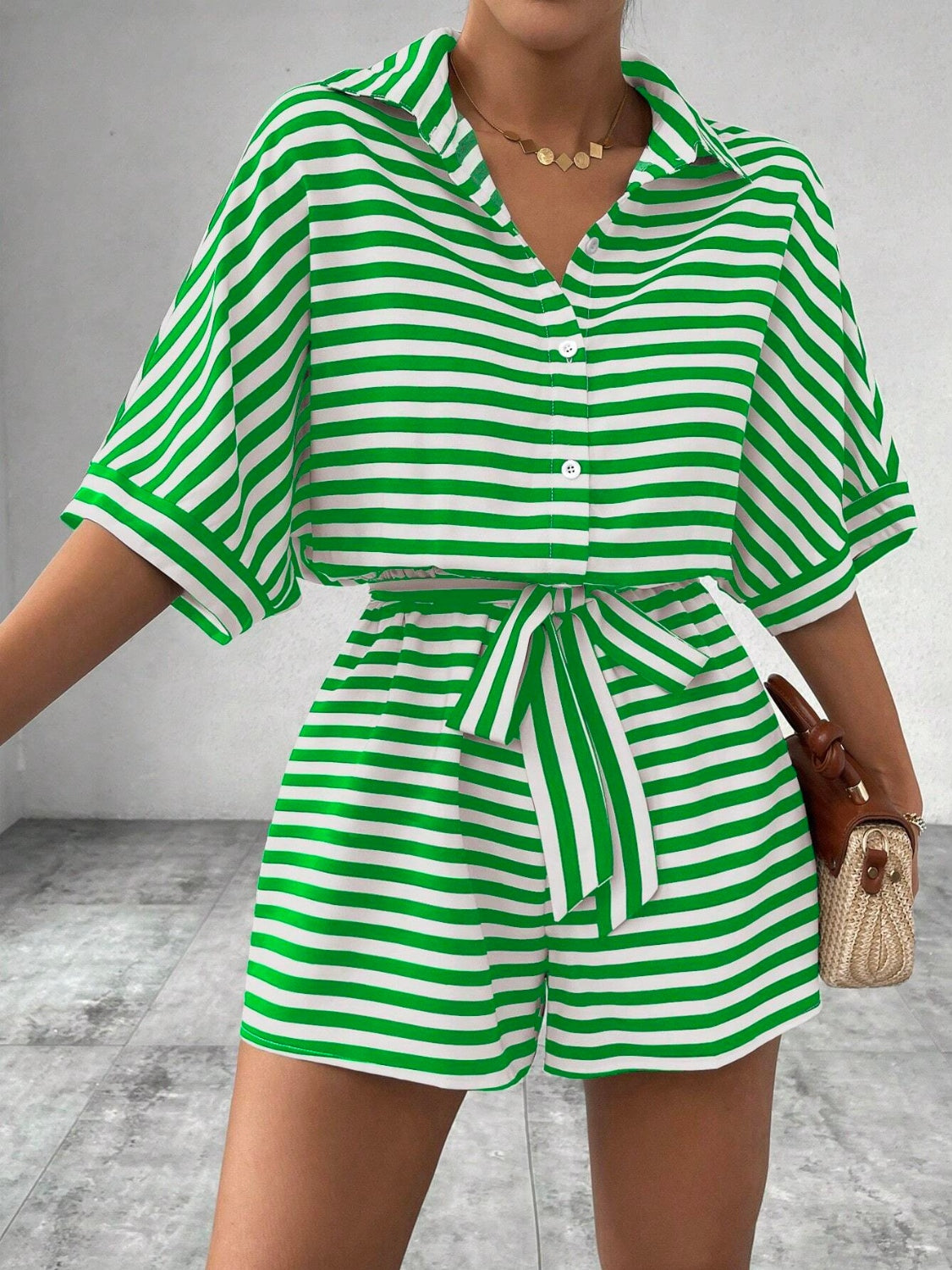 Striped Romper - Tie Waist