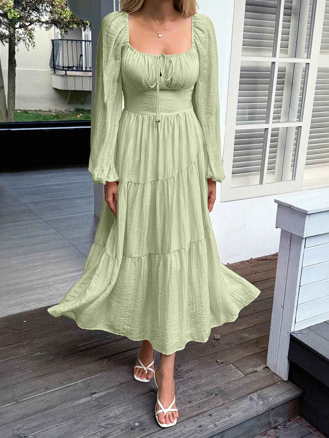 Tiered Balloon Sleeve Midi Dress – Elegant Long Sleeve Boho Dress for Women