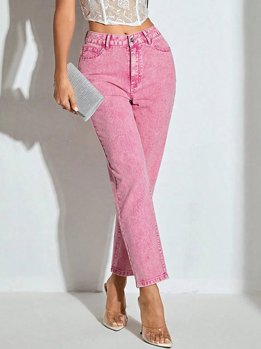 Women’s Light Pink High-Waisted Straight Leg Jeans – Trendy Washed Denim Pants