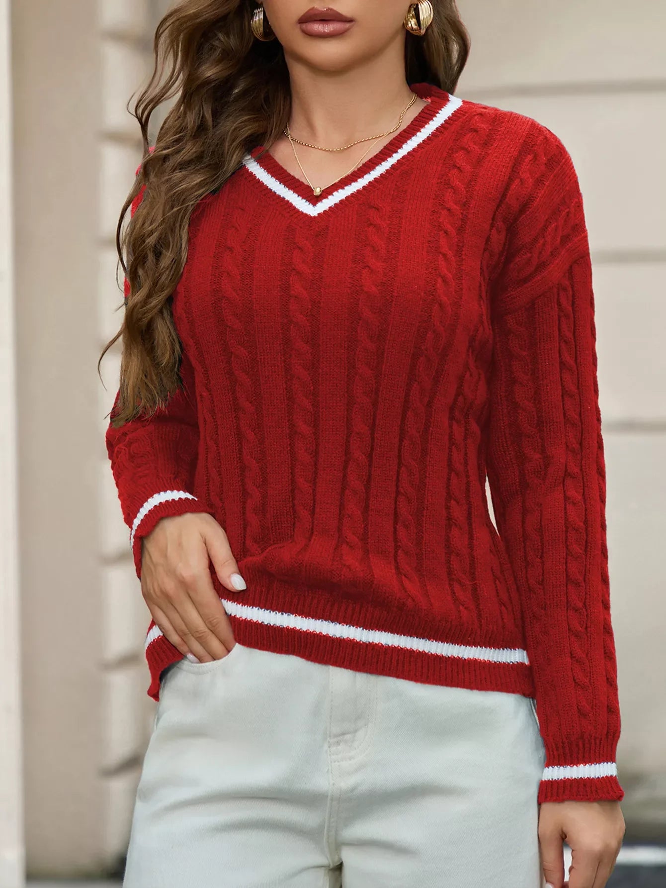 Classic Cable Knit V-Neck Sweater