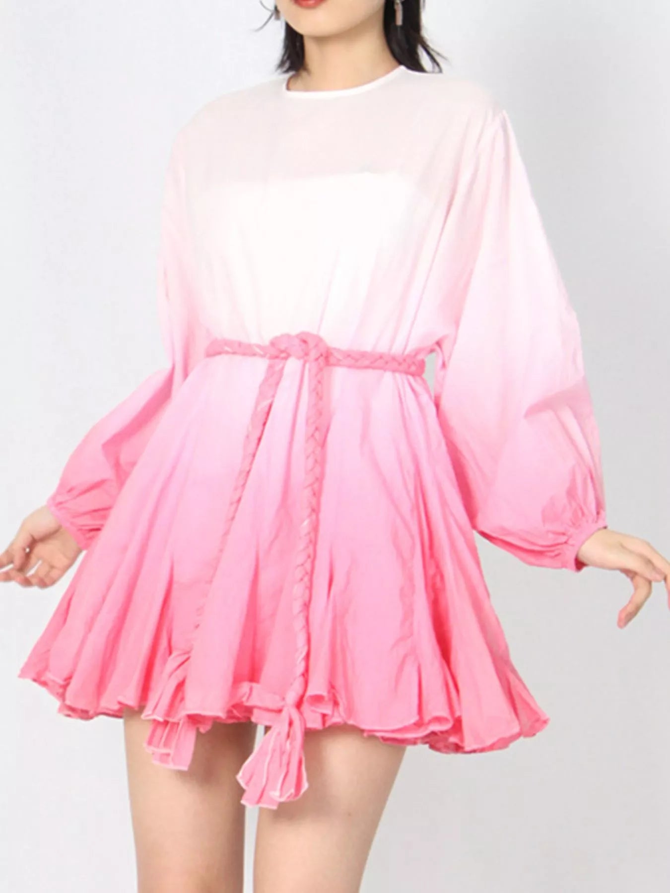Pink and White Gradient Round Neck Balloon Sleeve Dress – Ombre Long Sleeve Mini Dress for Women