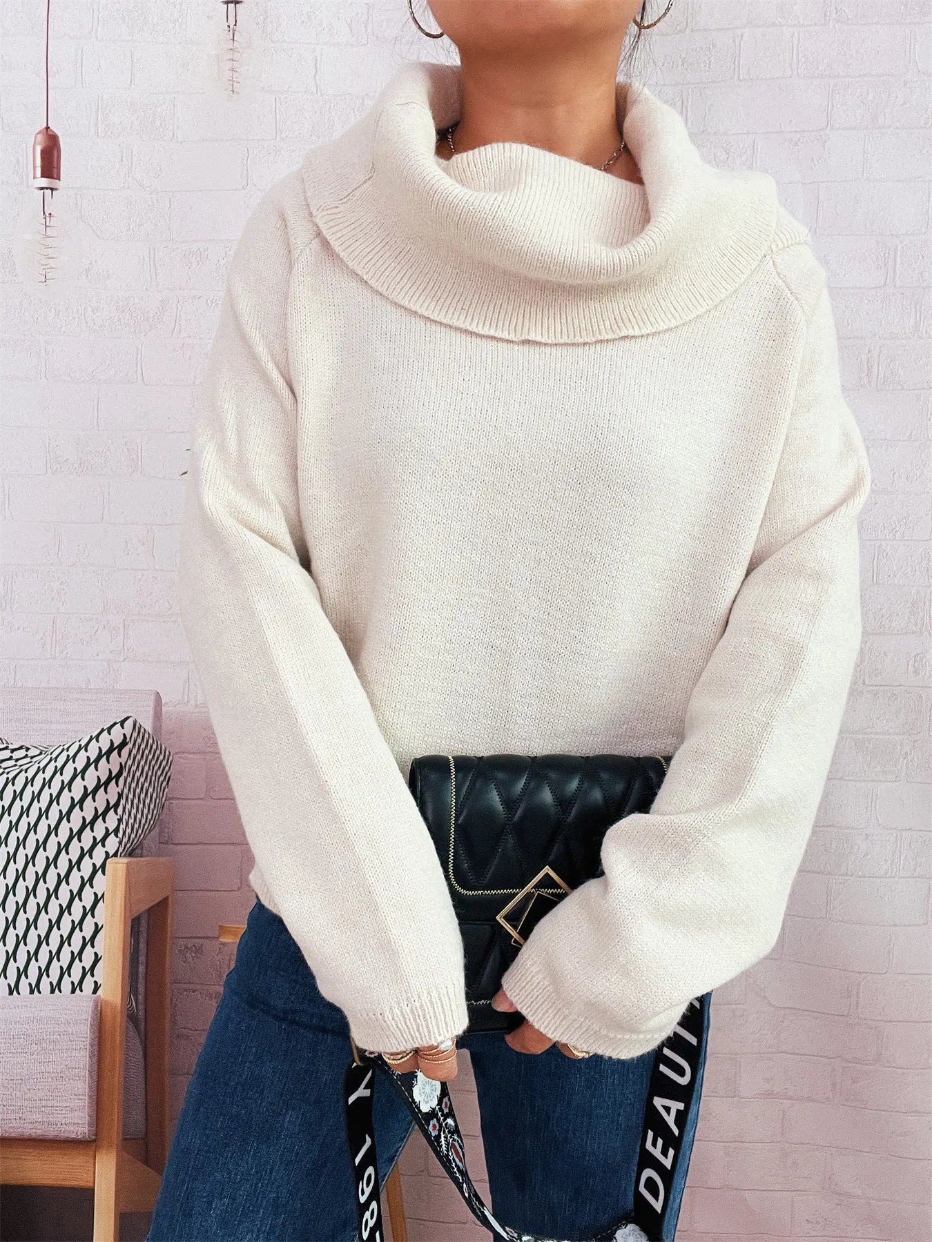Women’s Striped Turtleneck Long Sleeve Sweater – Cozy Knit Pullover for Fall & Winter