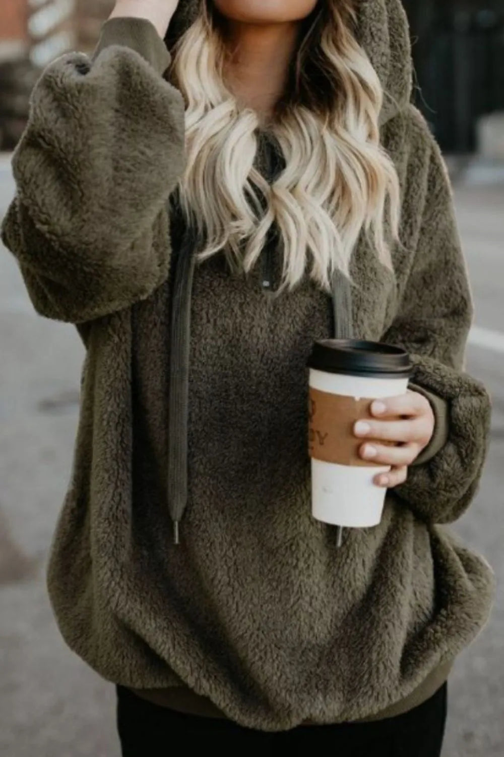Cozy Quarter-Zip Teddy Hoodie – Full Size, Plush & Playful with Drawstring Style
